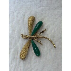 Hobe Signed GoldTone Faux Jade Dragonfly Pin  Brooch Pin